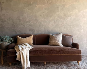 Modern English Sofa in Chestnut Brown in Faux Velvet Mohair with Down Cushion
