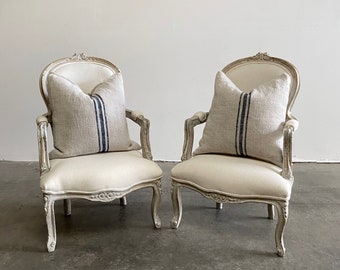 Vintage Pair of Painted and Upholstered Louis XV Style Open Armchairs