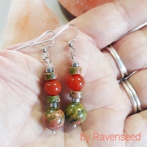 Unakite & Red Fire Agate with Hematite Stone, Beaded Dangle Earrings, 1.5 inch Drop Length, Stainless Steel Earposts and Hooks
