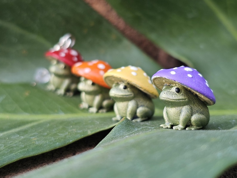 Puede incluir: Cuatro peque&ntilde;as figuras de rana con sombreros de seta en rojo, naranja, amarillo y morado con lunares blancos. Las ranas son verdes y est&aacute;n sentadas sobre una gran hoja verde. Los sombreros de seta est&aacute;n pintados con un acabado brillante.