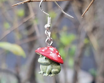 Hand-Painted Mushroom Frog Earrings, Whimsical Woodland Cottagecore Jewelry