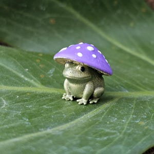 Puede incluir: Una peque&ntilde;a figura de rana verde con una gorra de hongo morado con lunares blancos. La rana est&aacute; sentada en una hoja grande y verde. La figura tiene una est&eacute;tica caprichosa de cuento de hadas.