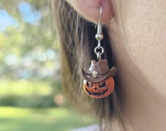 Pumpkin Earrings, Jack O Lantern, Spooky Cowboy Halloween Earrings Jewelry