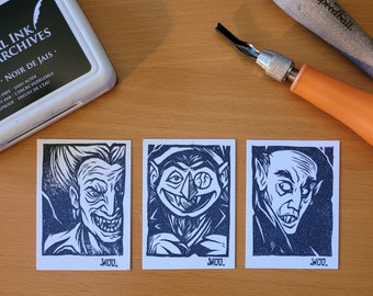 Vampire mini lino print trio (3) - handcarved linocut relief print, Halloween, original art