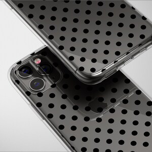 May include: Two clear phone cases with a black polka dot pattern. The cases are transparent, allowing the phone's design to show through. The cases are made of a durable material and offer protection for the phone.