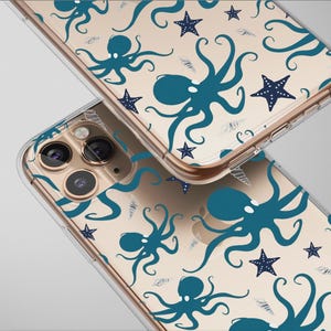 May include: Two clear phone cases featuring a repeating pattern of teal octopuses and navy blue starfish on a beige background. The cases are angled, displaying the design and the phone's camera.