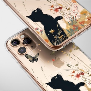 Clear Black Cat Butterfly Meadow Case Aesthetic Phone Cover For iPhone 16 Pro Max 16e 15 Plus 14 Mini SE XR XS Samsung S25 S24 S23 Pixel 9 8
