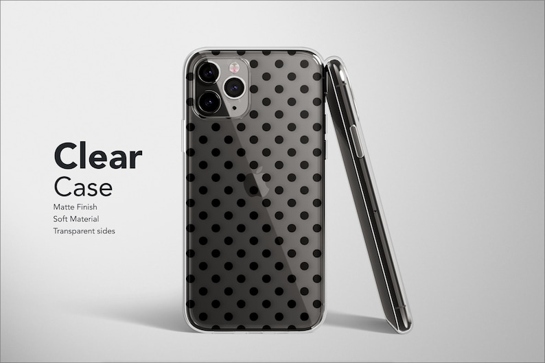 May include: Clear phone case with black polka dots. The case is transparent with a matte finish and soft material. The text "Clear Case" is displayed in black, along with the words "Matte Finish, Soft Material, Transparent sides."