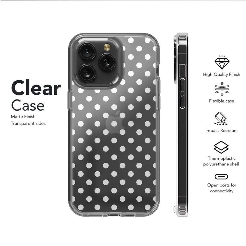 May include: A clear phone case with a white polka dot pattern. The case is made of a flexible, impact-resistant thermoplastic polyurethane shell. It has open ports for connectivity.