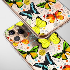 Clear Butterflies and Flowers Case Aesthetic Phone Cover For iPhone 16 Pro Max 16e 15 Plus 14 Mini SE XR XS Samsung S25 S24 S23 Pixel 9 8