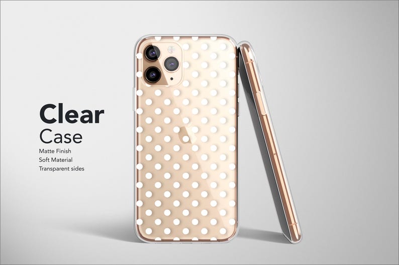 May include: A clear phone case with a white polka dot pattern. The case has a matte finish and is made of soft material. The sides of the case are transparent.
