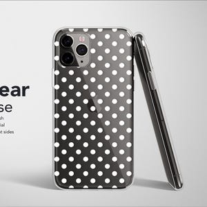 May include: A clear phone case with a white polka dot pattern. The case has a matte finish and is made of a soft material. The sides of the case are transparent.