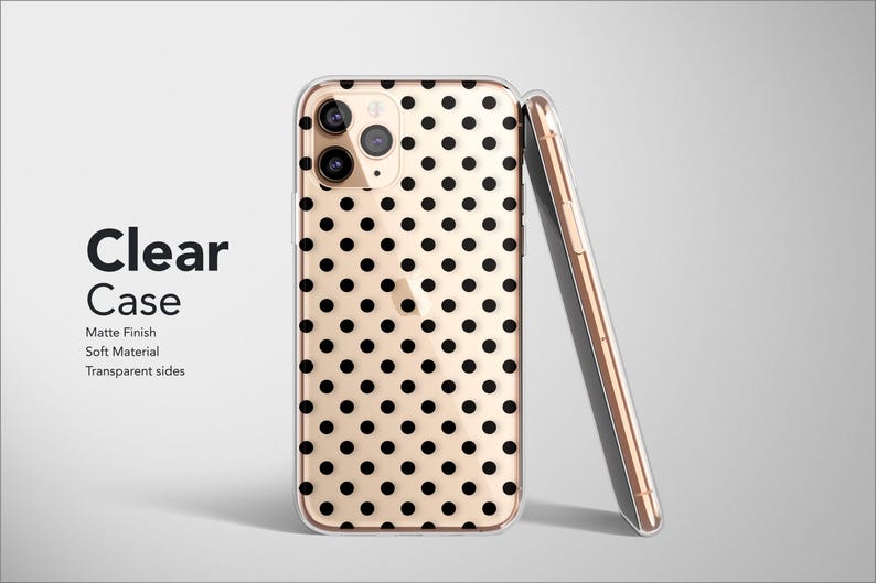 May include: Clear phone case with a black polka dot pattern on a gold background. The case is leaning against a matching phone. The text "Clear Case" is visible, along with "Matte Finish, Soft Material, Transparent sides."