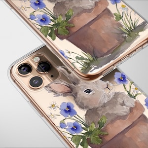 Clear Cute Bunny in flower Case Aesthetic Phone Cover For iPhone 16 Pro Max 16e 15 Plus 14 Mini SE XR XS Samsung S25 S24 S23 Pixel 9 8