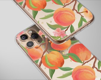 Clear Peach Blossom Botanical Illustration Gold Accent Phone Case Cover for iPhone 17 Pro Max 16 15 13 Samsung S26 S25 Pixel 9758