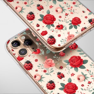 Clear Ladybugs & Roses Pattern Case Aesthetic Phone Cover For iPhone 16 Pro Max 16e 15 Plus 14 Mini SE XR XS Samsung S25 S24 S23 Pixel 9 8