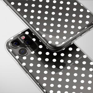 May include: A clear phone case with a white polka dot pattern. The case is designed for a smartphone with a triple camera system.