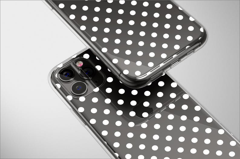 May include: A clear phone case with a white polka dot pattern. The case is designed for a smartphone with a triple camera system.