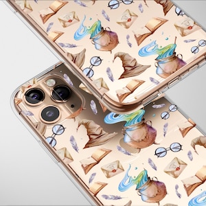 May include: Clear phone cases with a repeating pattern of watercolor illustrations. The design includes a brown sorting hat, potion cauldrons with blue and green steam, books, letters, feathers, and round glasses.