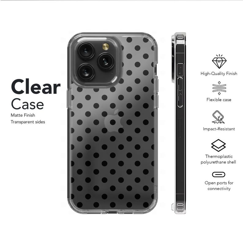 May include: Clear phone case with a matte finish and transparent sides. The case features a black polka dot pattern. The image also shows the case's high-quality finish, flexibility, impact resistance, and thermoplastic polyurethane shell.