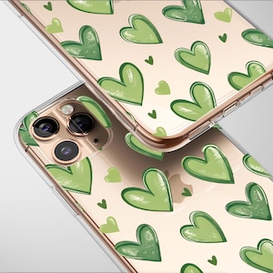 Clear Green Hearts Pattern Case Aesthetic Phone Cover For iPhone 16 Pro Max 16e 15 Plus 14 Mini SE XR XS Samsung S25 S24 S23 Pixel 9 8