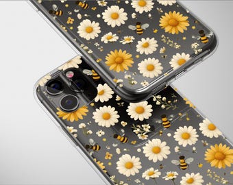 Clear Bees and Blooms Design Case Aesthetic Phone Cover For iPhone 16 Pro Max 16e 15 Plus 14 Mini SE XR XS Samsung S25 S24 S23 Pixel 9 8