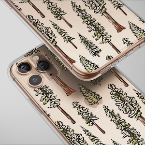 May include: Two clear phone cases with a repeating pattern of brown tree trunks and green tree tops on a beige background. The cases have gold-colored edges and are angled towards the viewer.