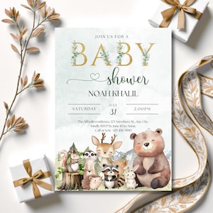May include: Baby shower invitation featuring woodland animals and the text "Baby Shower" in gold lettering. The invitation includes the name Noah Khalil, date, time, and RSVP information. The design has a watercolor background and decorative elements.