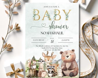 Woodland Baby Shower Invitation: Watercolor Forest Animals (Canva Template, Digital Download