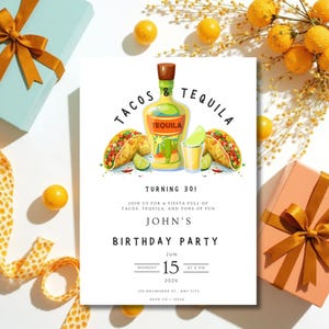 Tacos and Tequila Invitation, Editable Fiesta Birthday eInvite, Mexican Party Invite, Taco Tuesday, Printable Adult Birthday, canva template