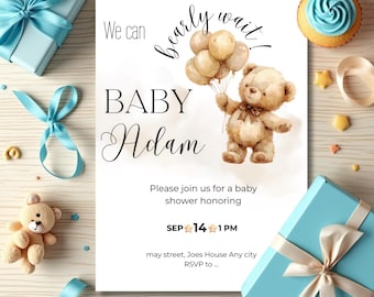 Teddy Bear Baby Shower Invitation: Beige Brown Theme (Digital Template, E-Invite Available)
