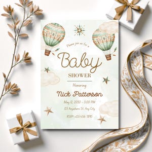 Hot Air Balloon Baby Shower Invitation – Editable Gender Neutral Party Invite – Up Up and Away Theme – Printable Baby Shower Template
