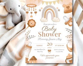 May include: A baby shower invitation with a watercolor rainbow, stars, and baby-themed illustrations in soft brown and beige tones. The text reads "Baby Shower" and includes event details.