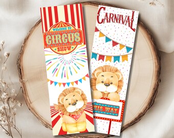 May include: Two printable bookmarks with a carnival theme. One features a circus tent design with the text "Welcome to Circus Show". The other bookmark has a lion illustration and the text "Carnival" and "This Way".