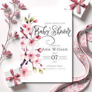 Cherry Blossom Baby Shower Invitation Girl | Pink Floral Baby Invite | Editable Spring Baby Shower Template | Instant Download Canva