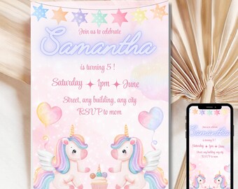 Unicorn Birthday Invitation | Editable  Party Invite | Printable Template | Rainbow Unicorn Digital Download