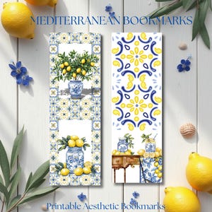 Può includere: Due segnalibri rettangolari a tema mediterraneo. Uno presenta un albero di limoni in un vaso blu e bianco, l'altro ha un motivo ripetuto. I testi "Mediterranean Bookmarks" e "Printable Aesthetic Bookmarks" sono visibili.