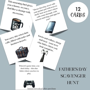Aanwijzingskaarten voor Vaderdag-speurtocht – afdrukbare flashcards voor papa – leuk vaderdagspel voor kinderen – direct downloaden – cadeau voor papa