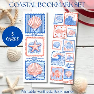 May include: Coastal bookmark set featuring seashell, starfish, and wave illustrations in blue and coral. The set includes 5 cards with the text "Coastal Bookmark Set" and "Printable Aesthetic Bookmarks".