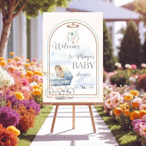 Stroller Baby Shower Welcome Sign Boy | Blue & Cream Baby Shower Sign | Printable Baby Shower Decor | Editable Canva Template