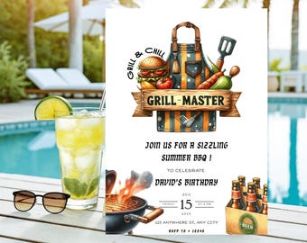 BBQ Birthday e-Invite: Grill & Chill Party, Editable Canva Template (Digital Download, 5x7 in