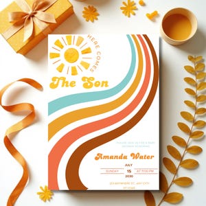 Editable Sunshine Baby Shower Invitation, Here Comes the Son Baby Shower Invite, Boy Sonshine Baby Shower, Boho Sunshine Shower