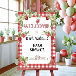 Cartello di benvenuto per baby shower con fragole per bambina / Cartello per baby shower con dolci bacche / Modello Canva modificabile / Decorazioni per baby shower estive stampabili