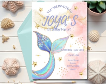 Mermaid Birthday Invitation: Under the Sea Party, Editable Canva Template (Digital Download