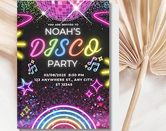 Convite de aniversário disco: festa retrô dos anos 70, modelo moderno do Canva (download digital)