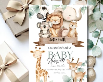 Könnte beinhalten: Eine Babyparty-Einladung mit Aquarellillustrationen von Safaritieren, darunter eine Giraffe, ein Reh, ein Löwe und ein Elefant. Die Einladung enthält den Text "Baby Shower" und Veranstaltungsdetails.