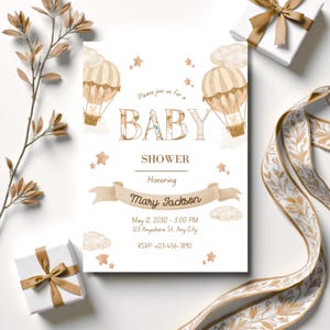 Hot Air Balloon Baby Shower Invitation – Editable Gender Neutral Party Invite – Up Up and Away Theme – Printable Baby Shower Template