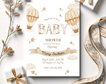 Hot Air Balloon Baby Shower Invitation – Gender Neutral Template (Editable)