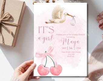 Cherry Blossom Baby Shower Invitation: Pink Stork, Editable Canva Template (Digital Download)