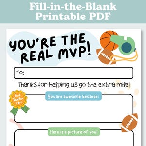 Phys Ed Teacher, PE Teacher, Gym Teacher or Coach Fill in the Blank Printable, Instant Download, Thank you, Teacher Appreciation